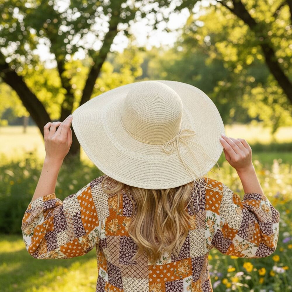 NEW Natural Raffia Woven Floppy Sun Hat in Beige Adjustable Crush Proof